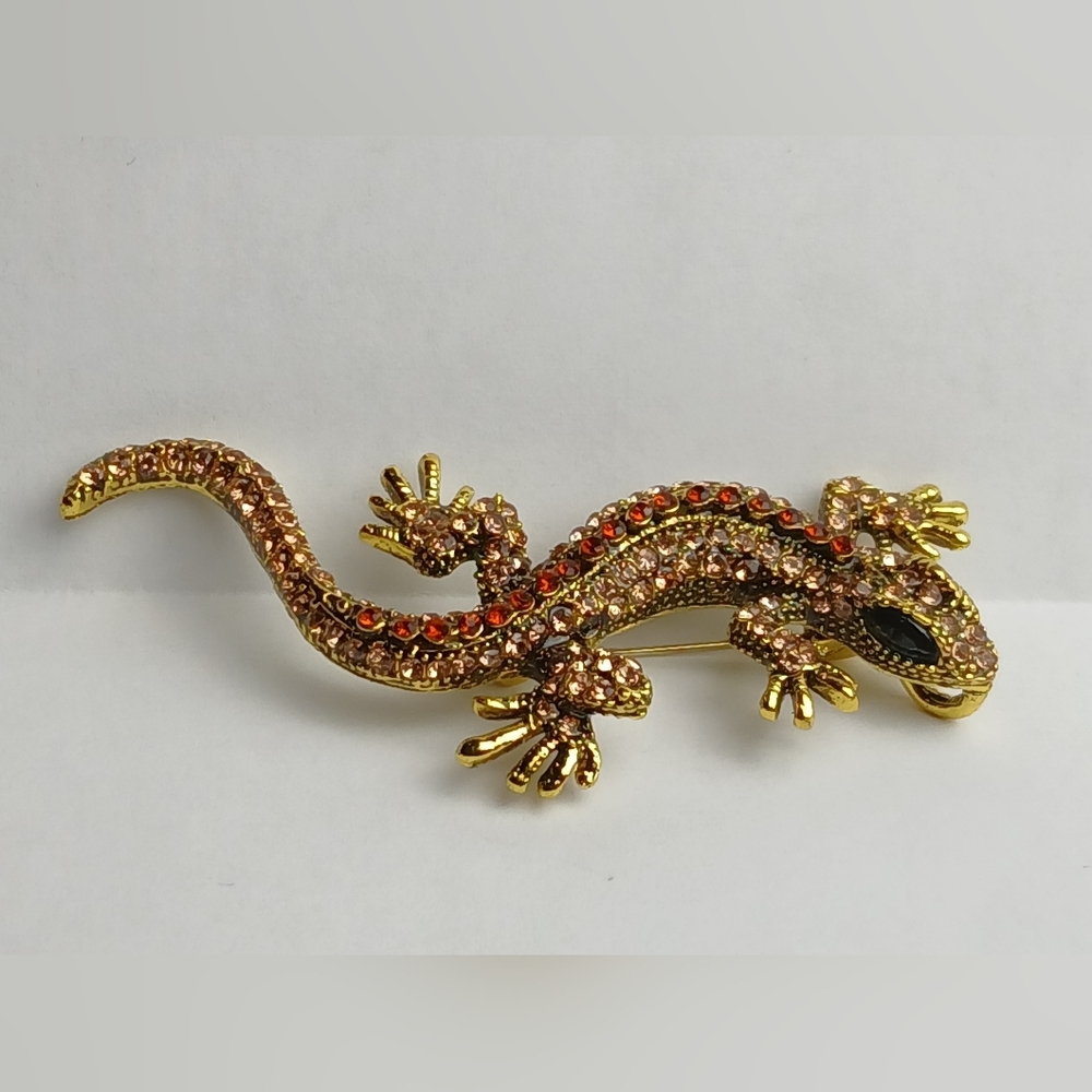 Gold and Amber Crystal Lizard Brooch